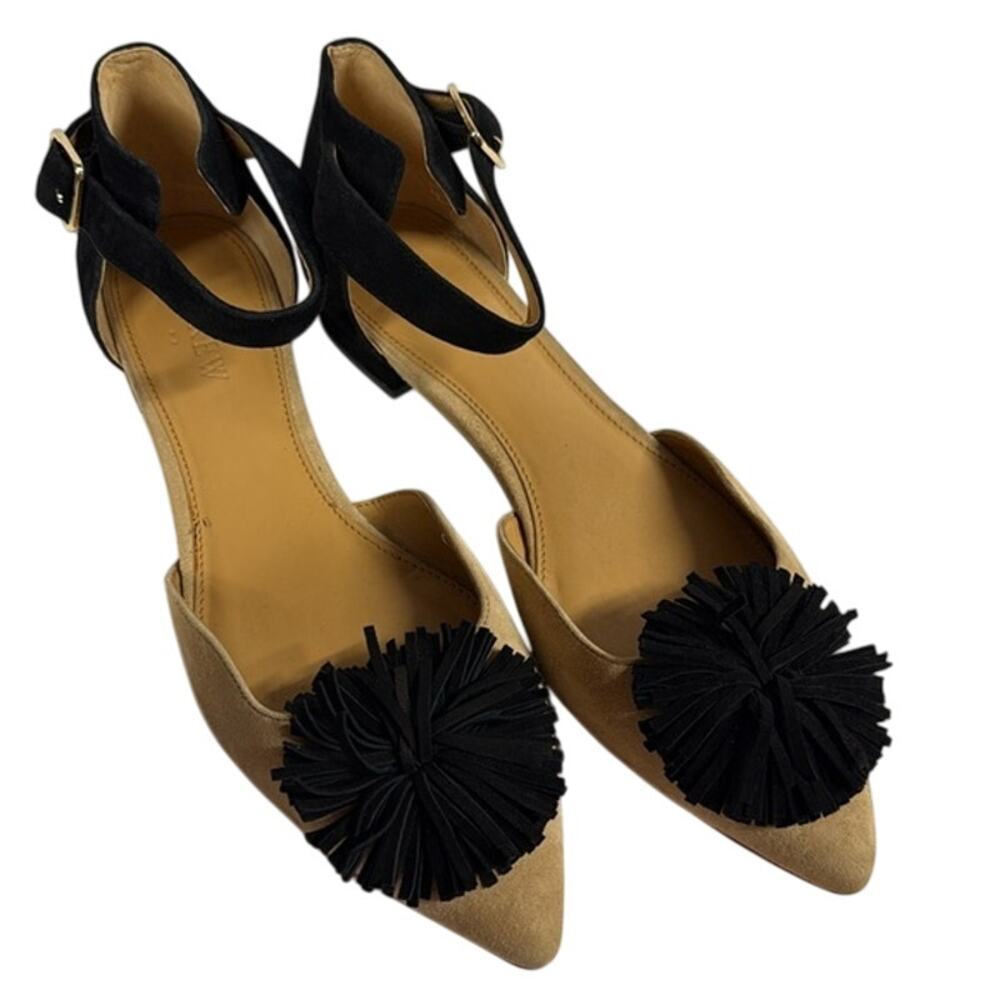 Women's J. CREW Sadie Ankle Strap Pointed Toe Pom‎ Pom Black Tan Sued Flats 8.5